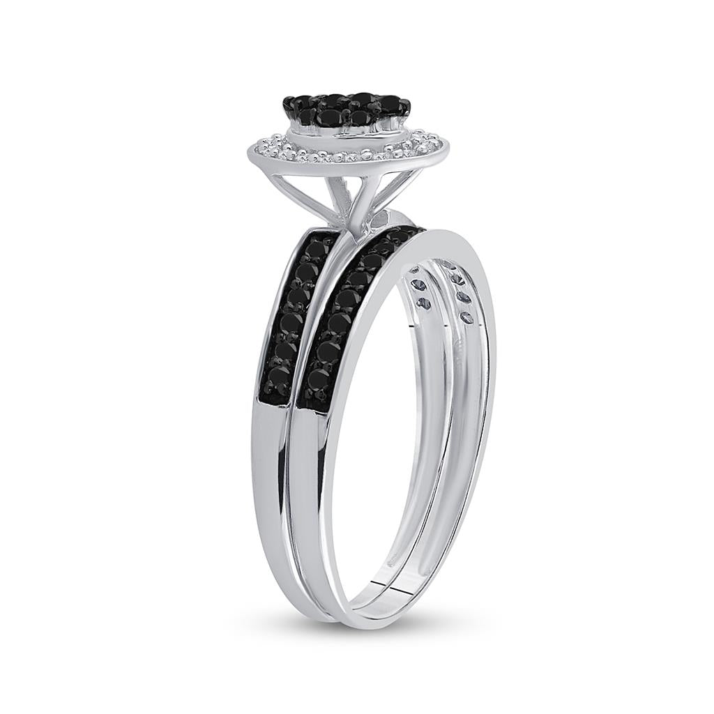 Sterling Silver Round Black Diamond Bridal Wedding Ring Set 1/2 Cttw