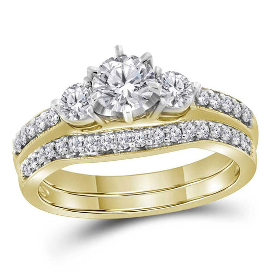 14k Yellow Gold Round Diamond 3-stone Bridal Wedding Ring Set 1 Cttw