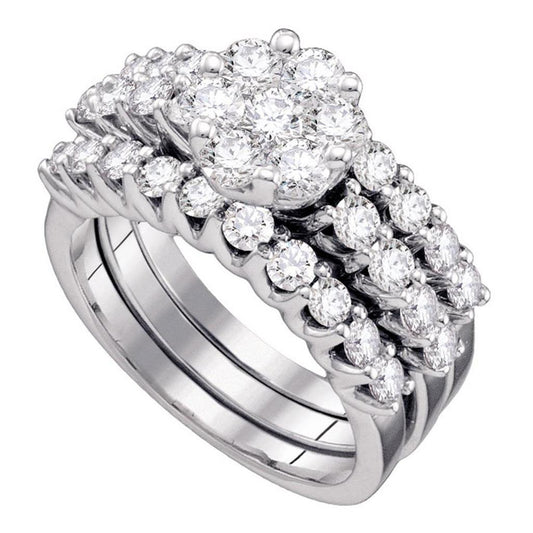 14k White Gold Flower Cluster Diamond Wedding Bridal Ring Set 4 Cttw