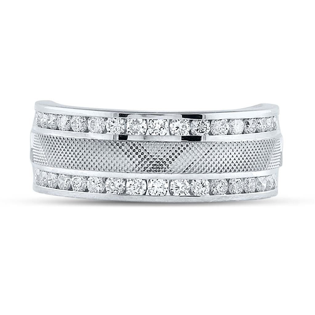 14k White Gold Round Diamond Double Row Textured Wedding Band Ring 1 Cttw