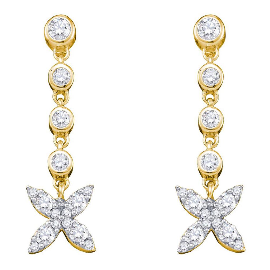 10k Yellow Gold Round Diamond Flower Cluster Dangle Earrings 3/4 Cttw