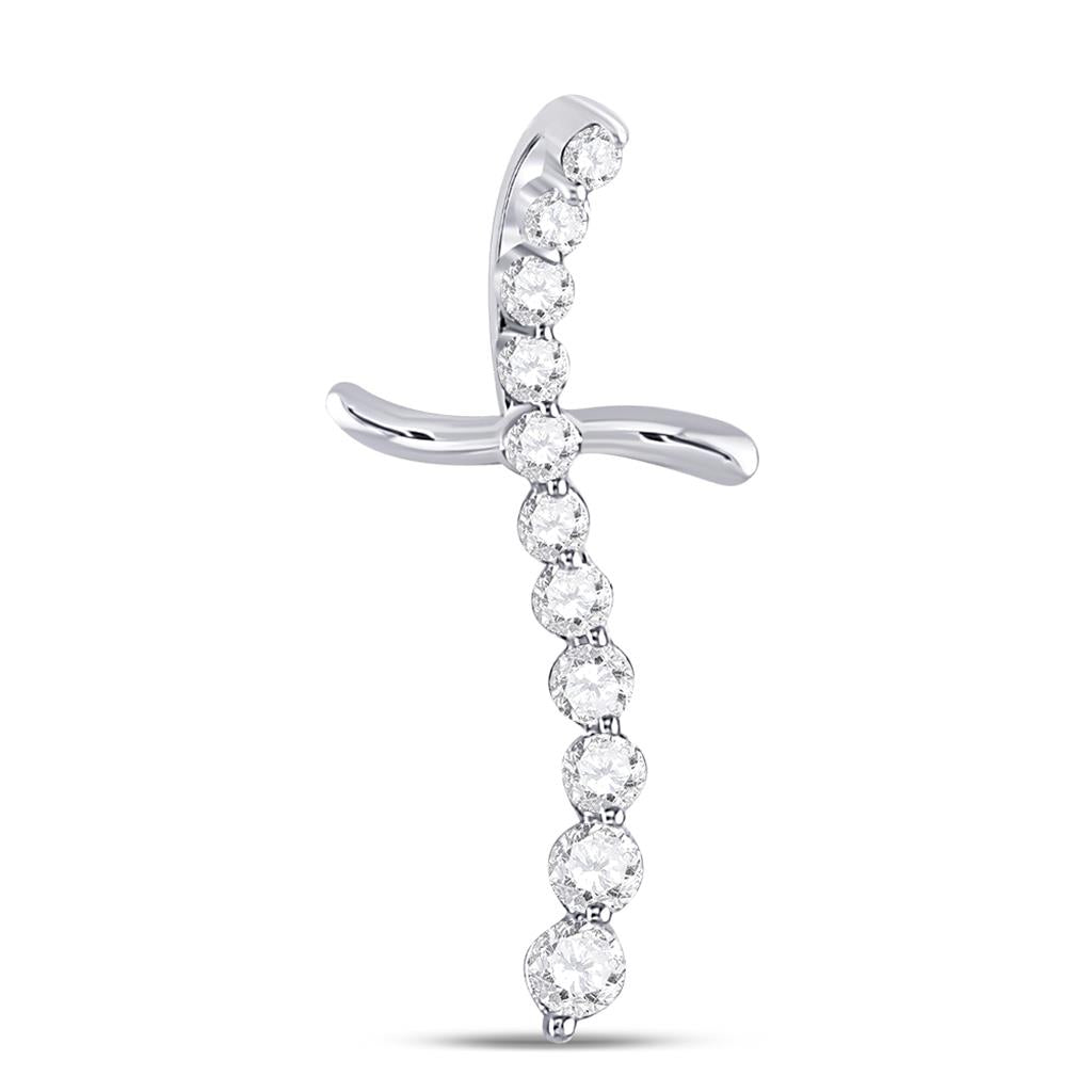 14k White Gold Round Diamond Curved Cross Pendant 1/4 Cttw