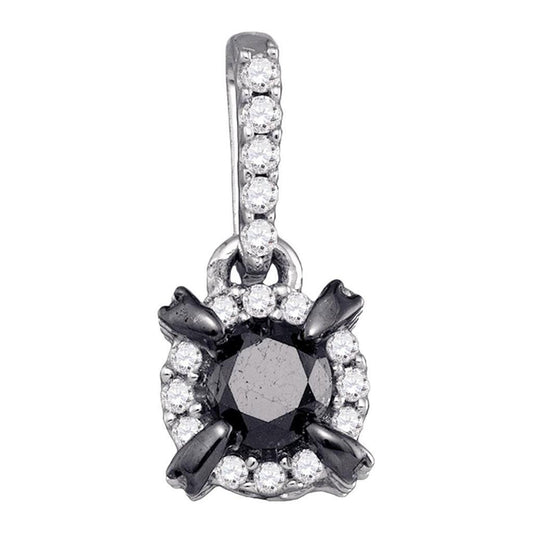 14k White Gold Round Black Diamond Solitaire Pendant 1/2 Cttw