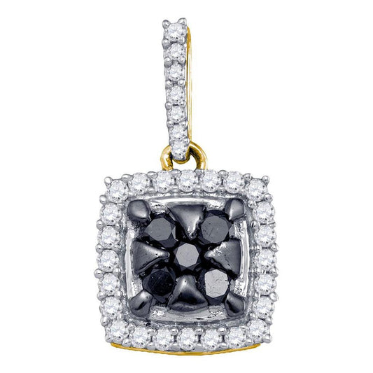 10k Yellow Gold Round Black Diamond Square Cluster Pendant 1/2 Cttw