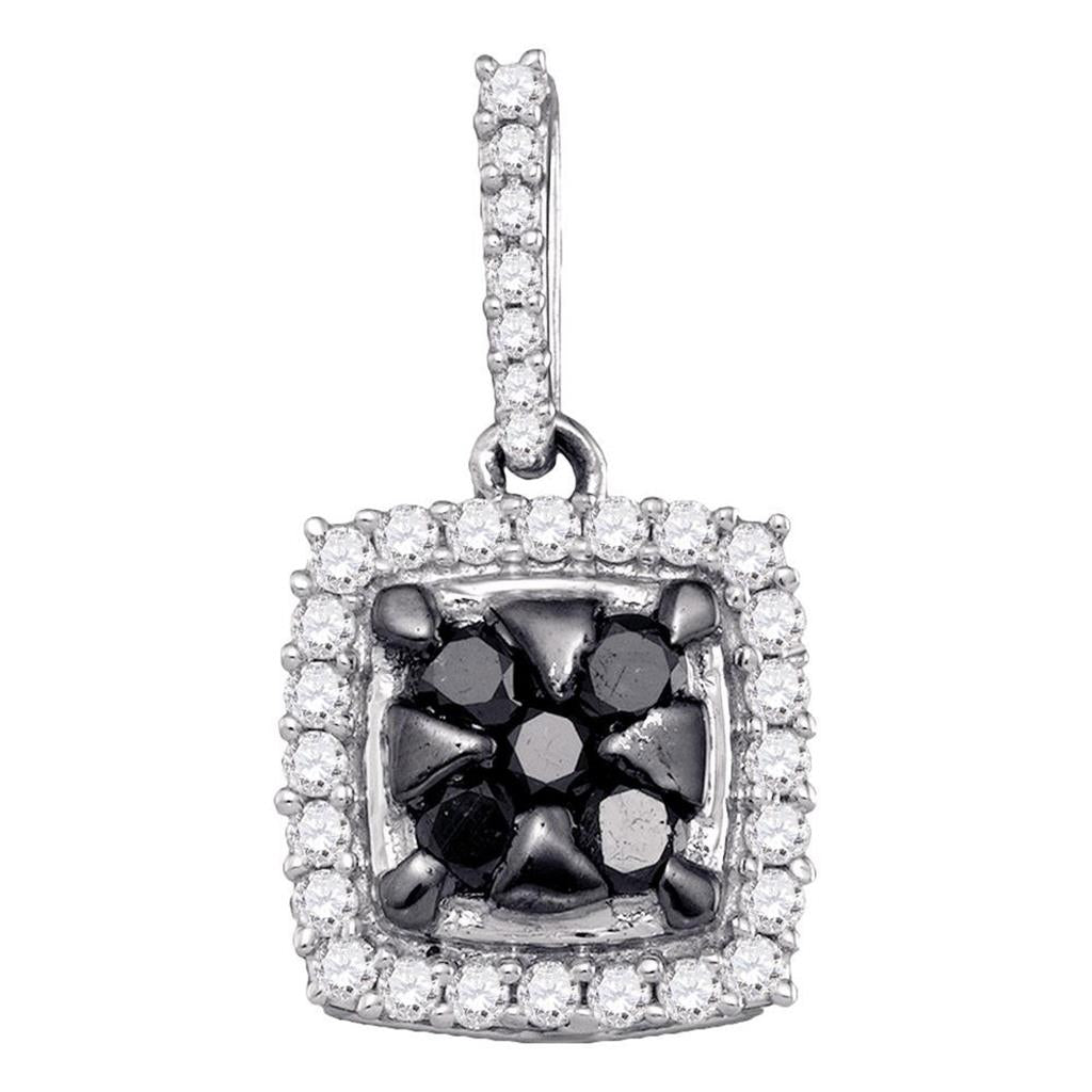 14k White Gold Round Black Diamond Square Cluster Pendant 1/2 Cttw