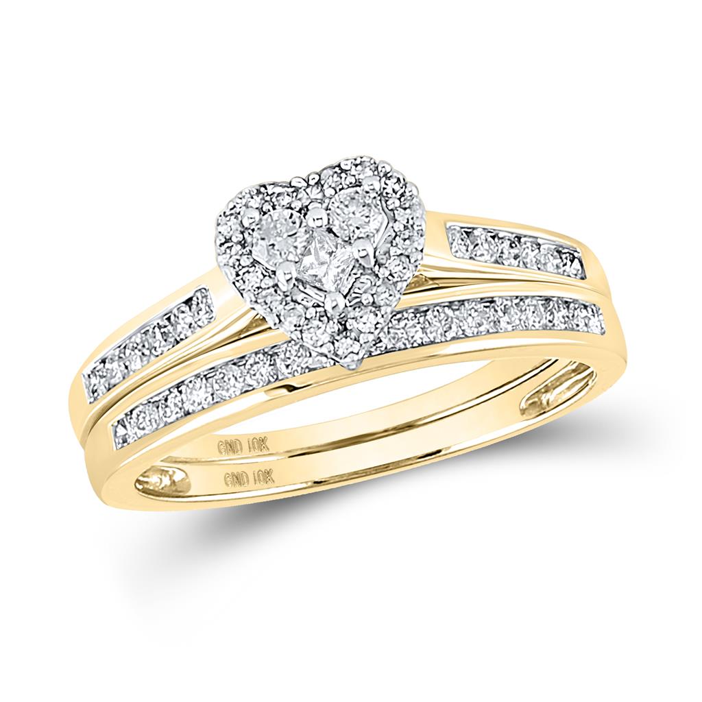 10k Yellow Gold Diamond Heart Bridal Wedding Ring Set 1/2 Cttw