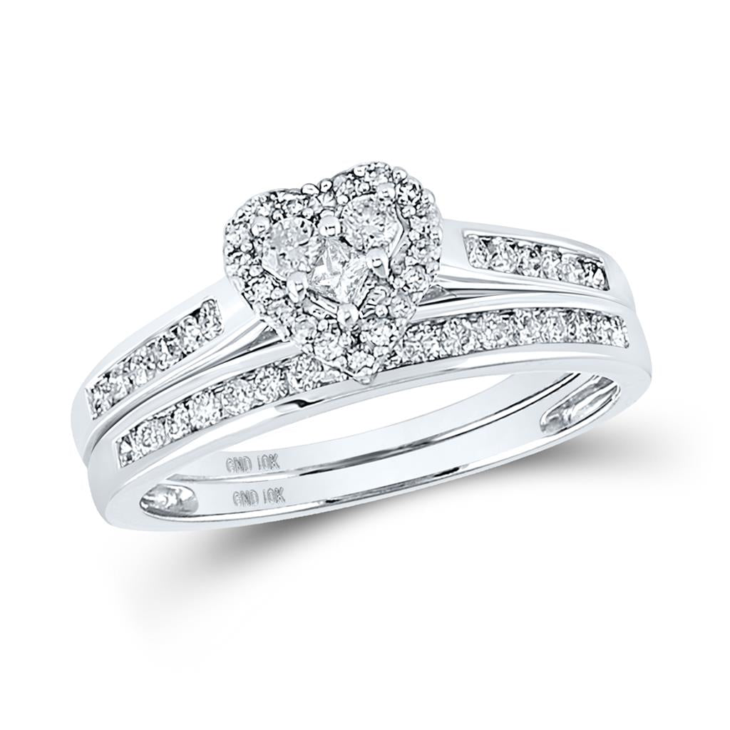 14k White Gold Diamond Heart Bridal Wedding Ring Set 1/2 Cttw