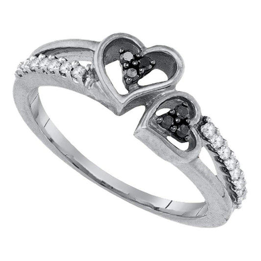 Sterling Silver Round Black Diamond Double Heart Ring 1/5 Cttw