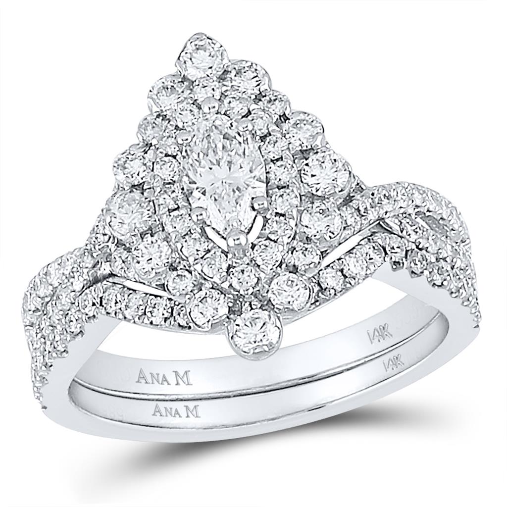 14k White Gold Marquise Diamond Bridal Wedding Ring Set 2 Cttw (Certified)