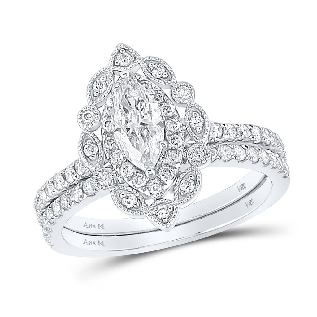 14k White Gold Marquise Diamond Bridal Wedding Ring Set 1-1/4 Cttw (Certified)