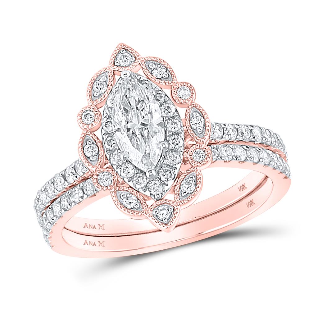 14k Rose Gold Marquise Diamond Bridal Wedding Ring Set 1-1/4 Cttw (Certified)