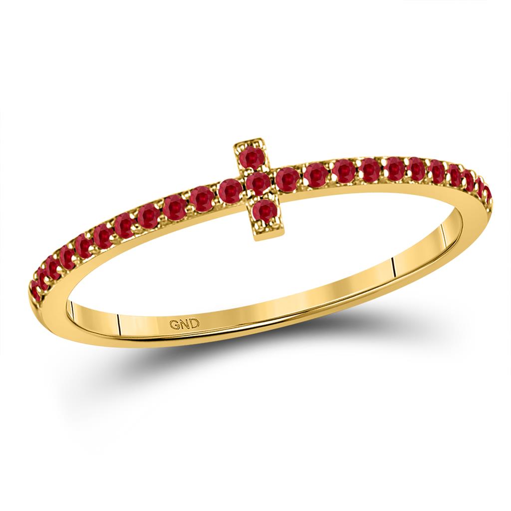 10k Yellow Gold Round Ruby Stackable Cross Band Ring 1/6 Cttw