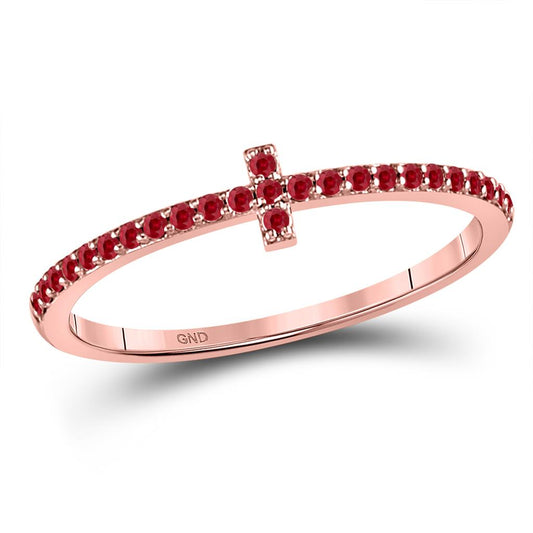 10k Rose Gold Round Ruby Cross Stackable Band Ring 1/6 Cttw