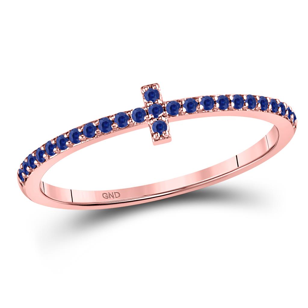 10k Rose Gold Round Blue Sapphire Cross Stackable Band Ring 1/6 Cttw