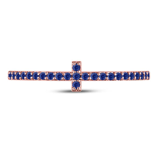 10k Rose Gold Round Blue Sapphire Cross Stackable Band Ring 1/6 Cttw