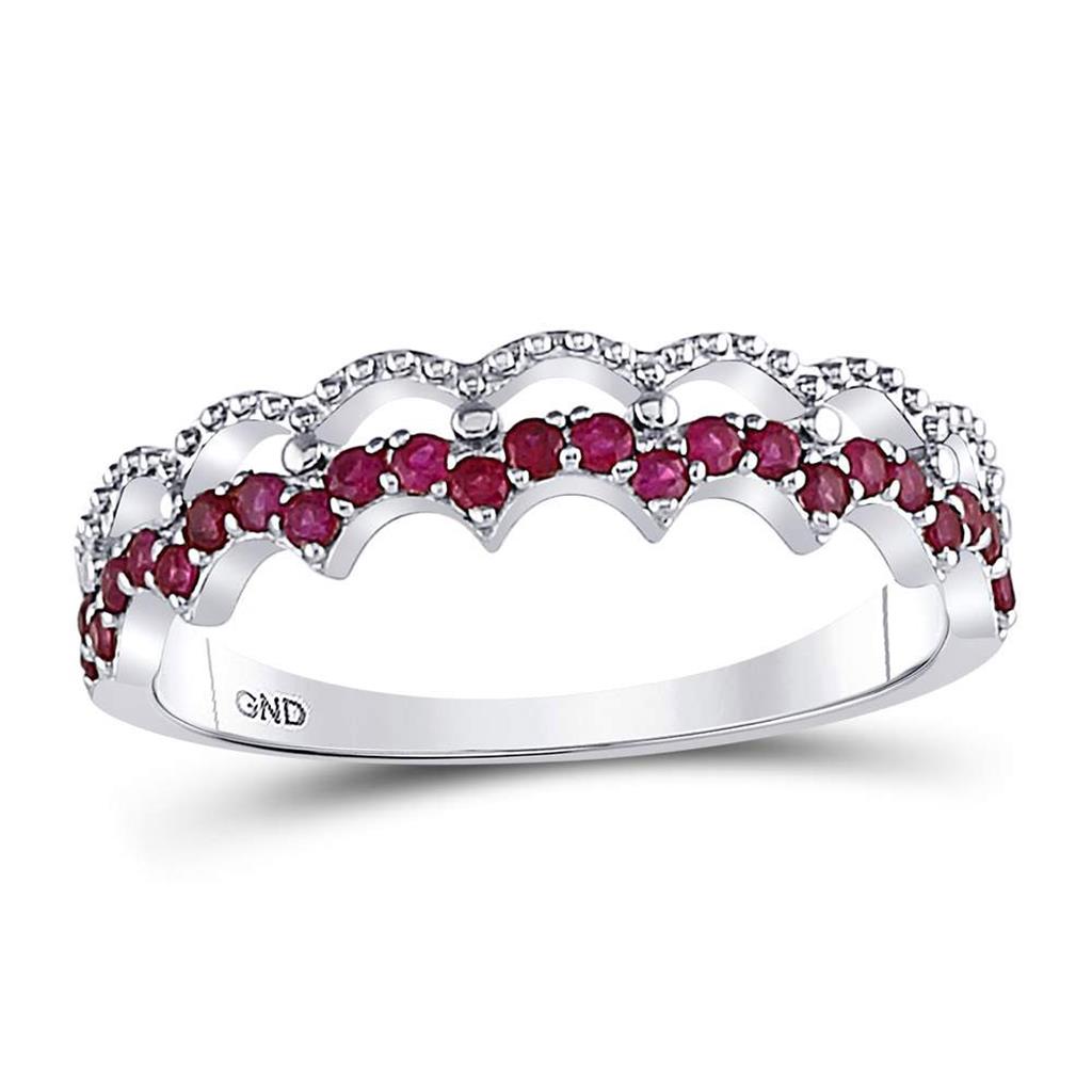 14kt White Gold Round Ruby Scalloped Stackable Band Ring 1/4 Cttw