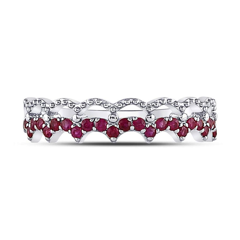 14kt White Gold Round Ruby Scalloped Stackable Band Ring 1/4 Cttw