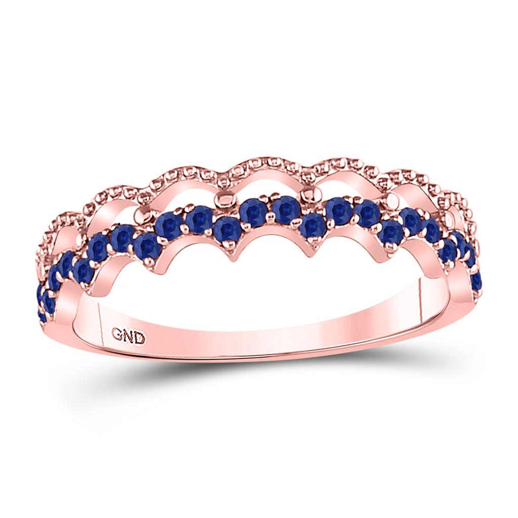 10k Rose Gold Round Blue Sapphire Scalloped Stackable Band Ring 1/4 Cttw