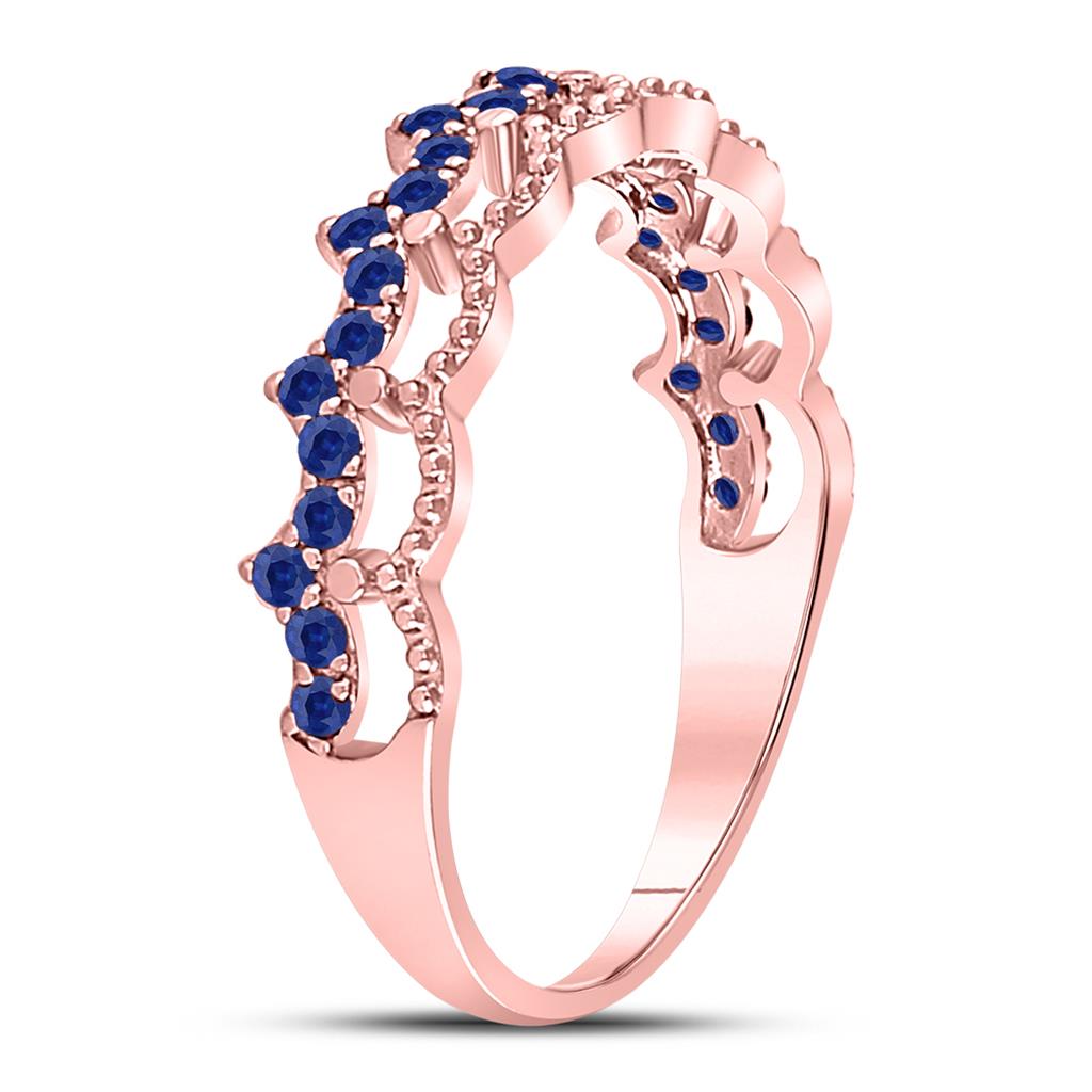 10k Rose Gold Round Blue Sapphire Scalloped Stackable Band Ring 1/4 Cttw