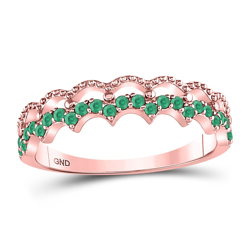 10k Rose Gold Round Emerald Scalloped Stackable Band Ring 1/4 Cttw