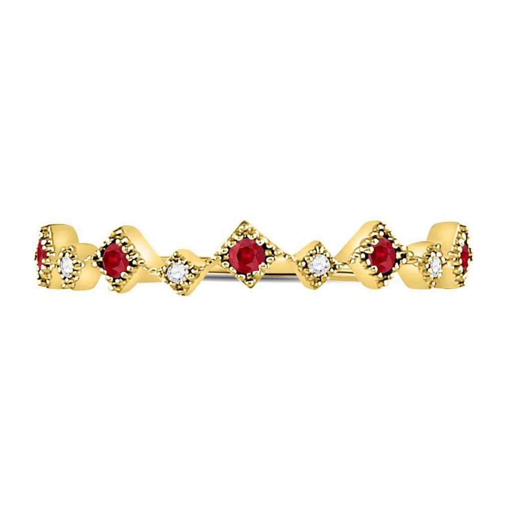 10k Yellow Gold Round Ruby Diamond Milgrain Square Stackable Band Ring 1/8 Cttw