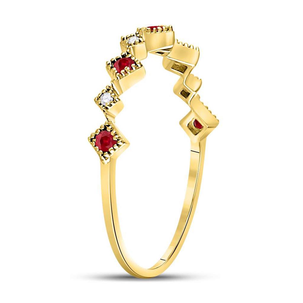 10k Yellow Gold Round Ruby Diamond Milgrain Square Stackable Band Ring 1/8 Cttw