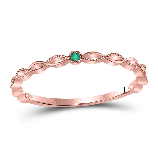 10k Rose Gold Round Emerald Solitaire Milgrain Stackable Band Ring .01 Cttw