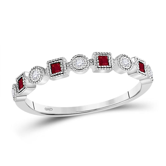 14k White Gold Princess Ruby Diamond Square Dot Milgrain Stackable Band Ring 1/8 Cttw