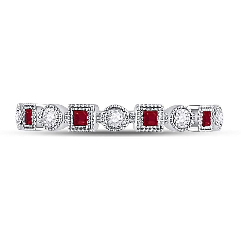 14k White Gold Princess Ruby Diamond Square Dot Milgrain Stackable Band Ring 1/8 Cttw