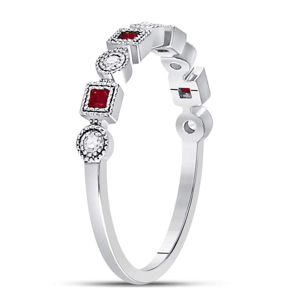 14k White Gold Princess Ruby Diamond Square Dot Milgrain Stackable Band Ring 1/8 Cttw