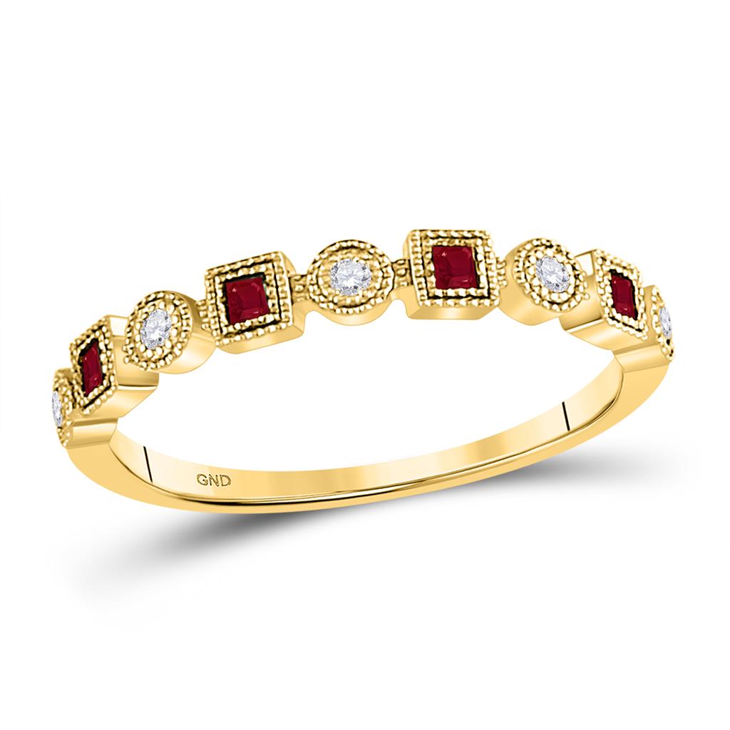 10k Yellow Gold Princess Ruby Square Dot Stackable Band Ring 1/8 Cttw