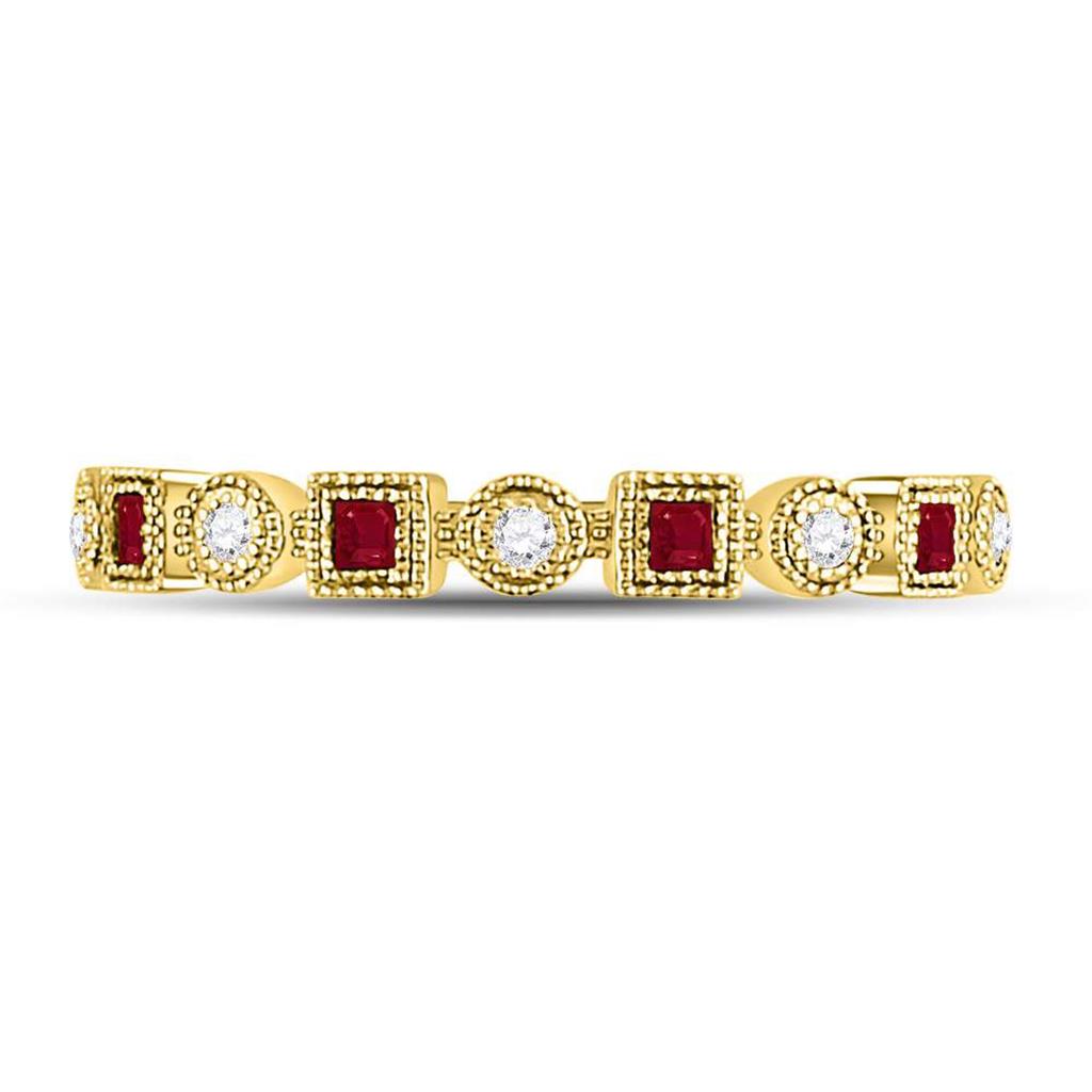 10k Yellow Gold Princess Ruby Square Dot Stackable Band Ring 1/8 Cttw