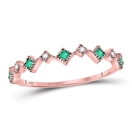 10k Rose Gold Round Emerald Diamond Milgrain Stackable Band Ring 1/5 Cttw