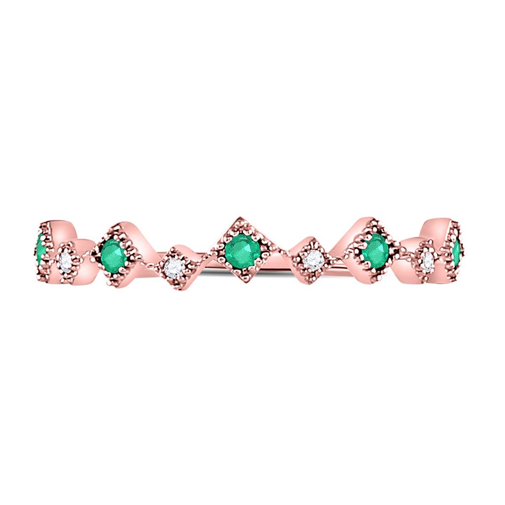 10k Rose Gold Round Emerald Diamond Milgrain Stackable Band Ring 1/5 Cttw