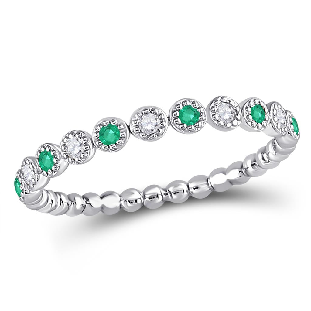 14kt White Gold Round Emerald Diamond Dot Stackable Band Ring 1/6 Cttw