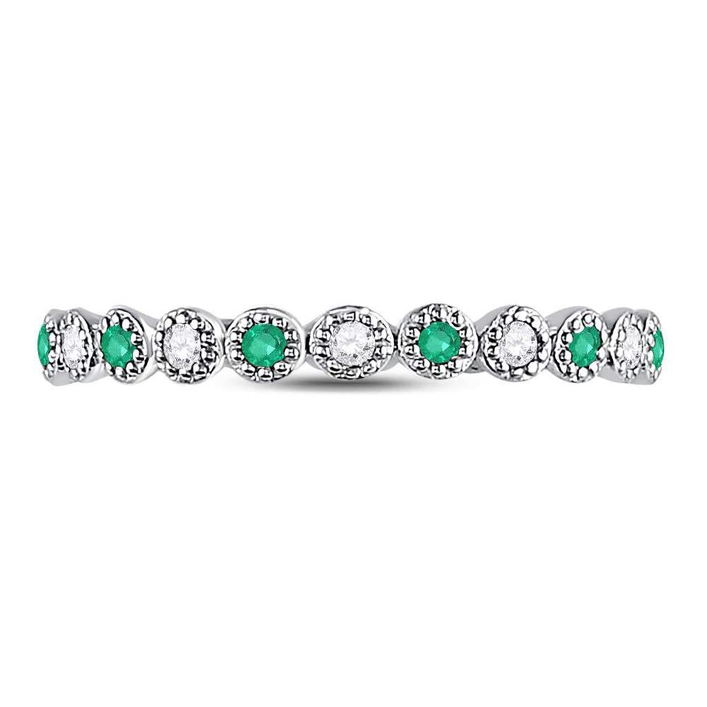 14kt White Gold Round Emerald Diamond Dot Stackable Band Ring 1/6 Cttw