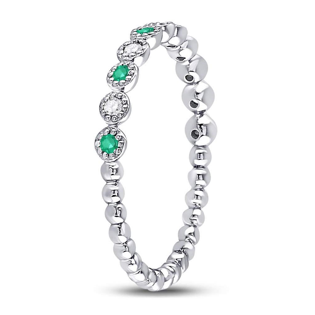 14kt White Gold Round Emerald Diamond Dot Stackable Band Ring 1/6 Cttw