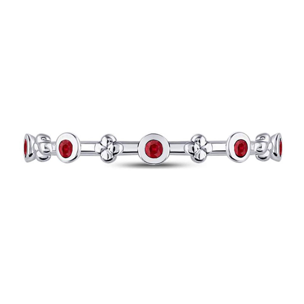 14kt White Gold Round Ruby Dot Flower Stackable Band Ring 1/12 Cttw