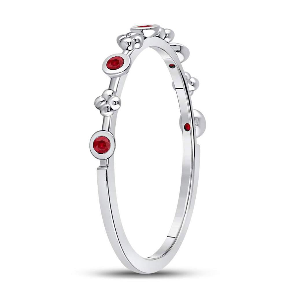 14kt White Gold Round Ruby Dot Flower Stackable Band Ring 1/12 Cttw