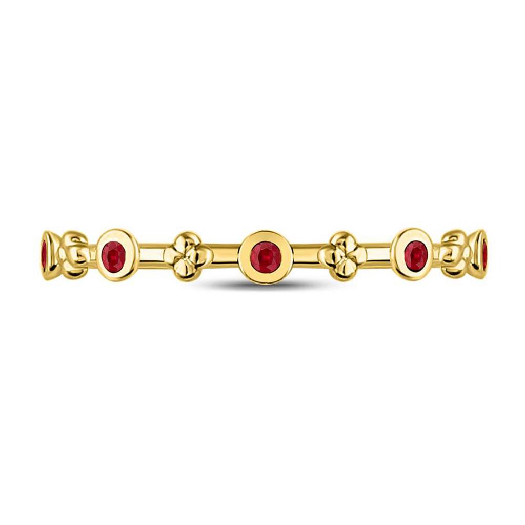 10kt Yellow Gold Round Ruby Dot Flower Stackable Band Ring 1/12 Cttw