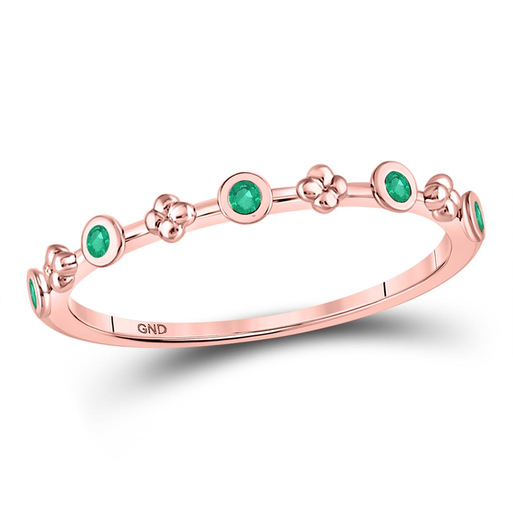 10kt Rose Gold Round Emerald Dot Flower Stackable Band Ring 1/12 Cttw