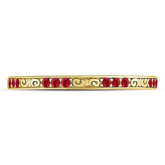 10kt Yellow Gold Round Ruby Single Row Flourished Stackable Band Ring 1/8 Cttw