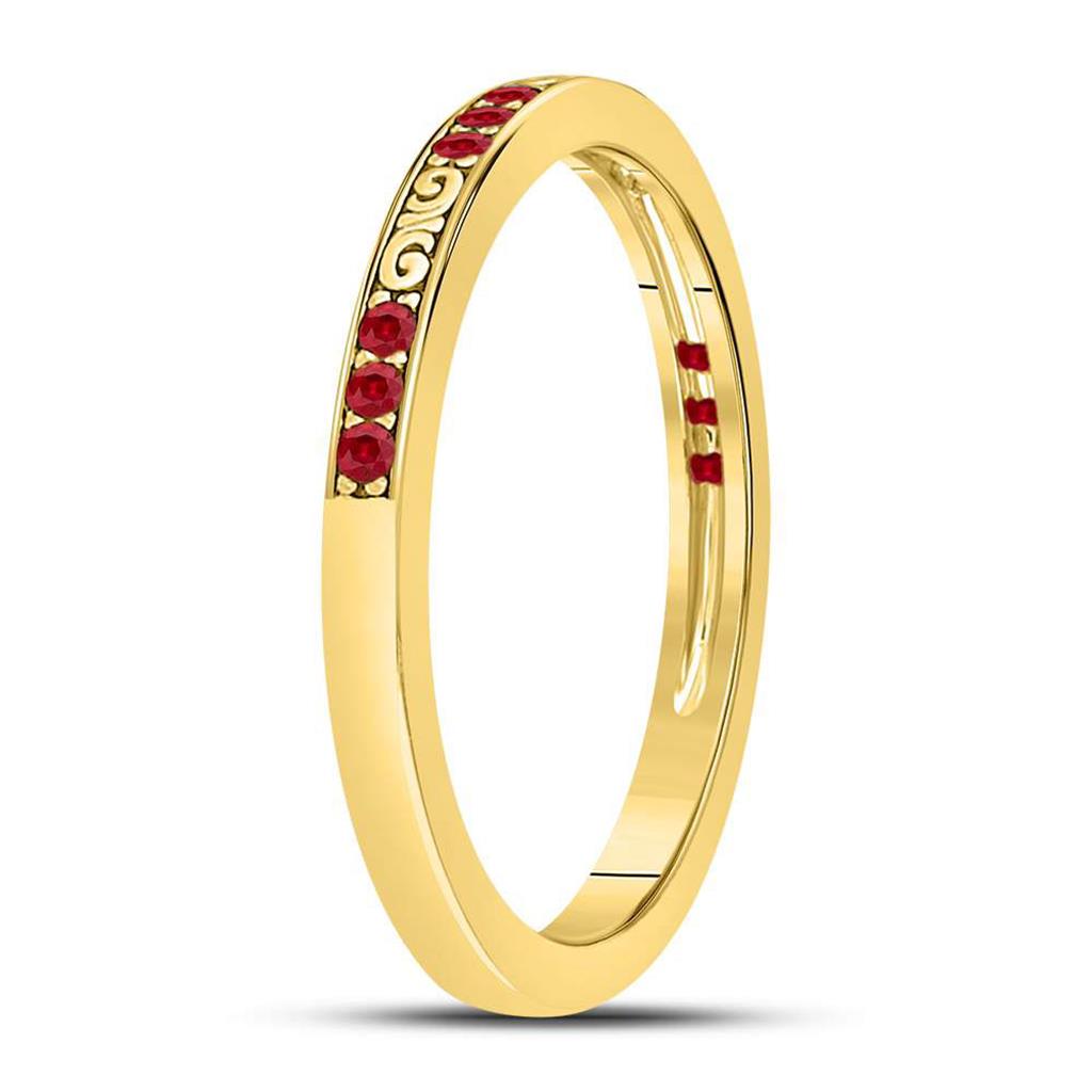 10kt Yellow Gold Round Ruby Single Row Flourished Stackable Band Ring 1/8 Cttw