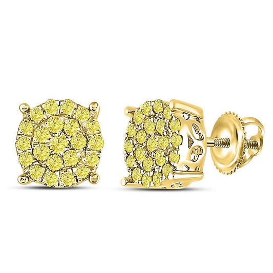 10kt Yellow Gold Round Canary Diamond Concentric Cluster Earrings 3/4 Cttw