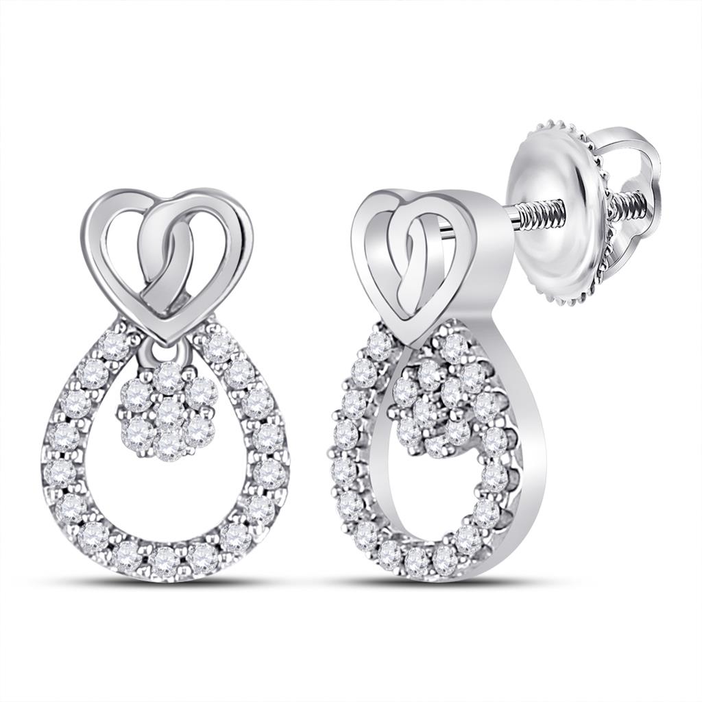 14k White Gold Round Diamond Teardrop Heart Earrings 1/6 Cttw