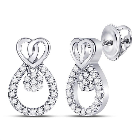 14k White Gold Round Diamond Teardrop Heart Earrings 1/6 Cttw