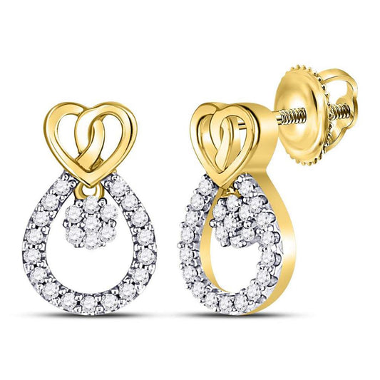 10k Yellow Gold Round Diamond Teardrop Heart Earrings 1/6 Cttw