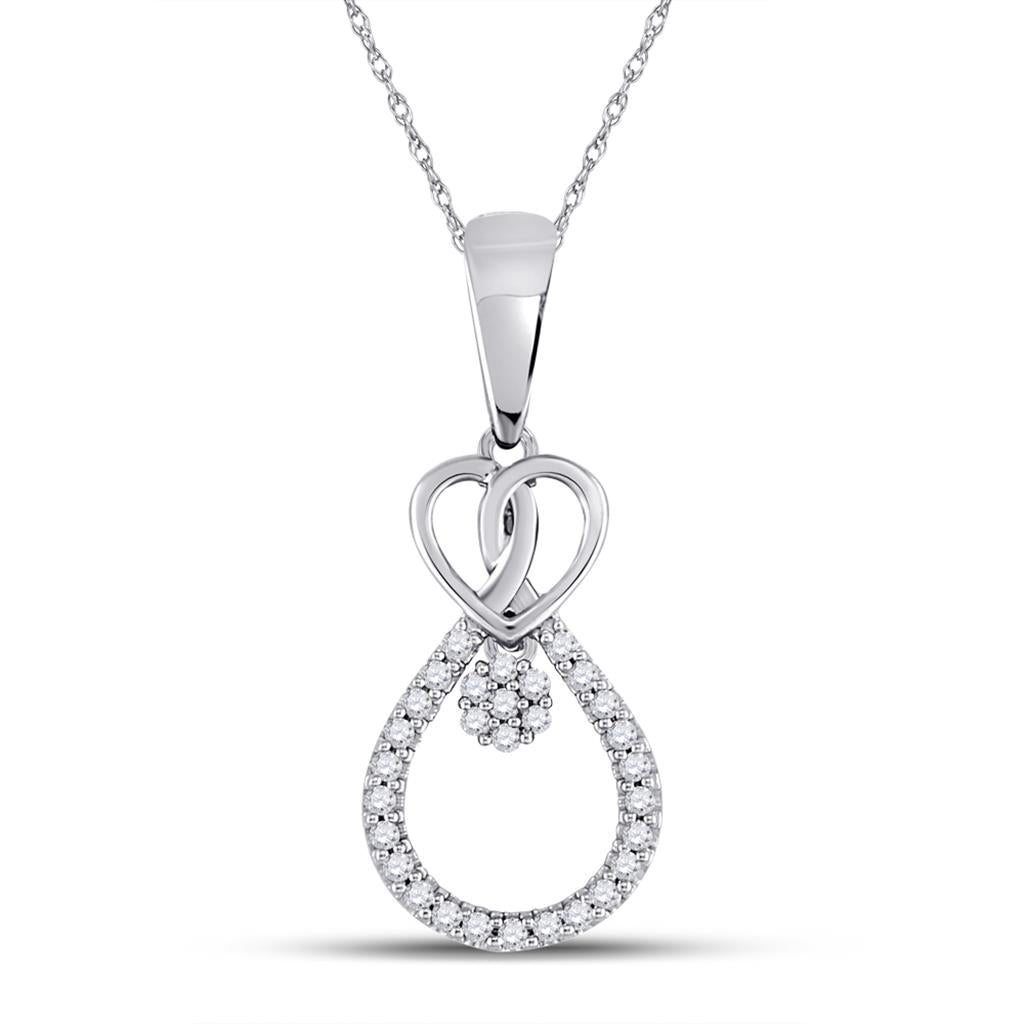 14kt White Gold Round Diamond Heart Teardrop Cluster Pendant 1/10 Cttw