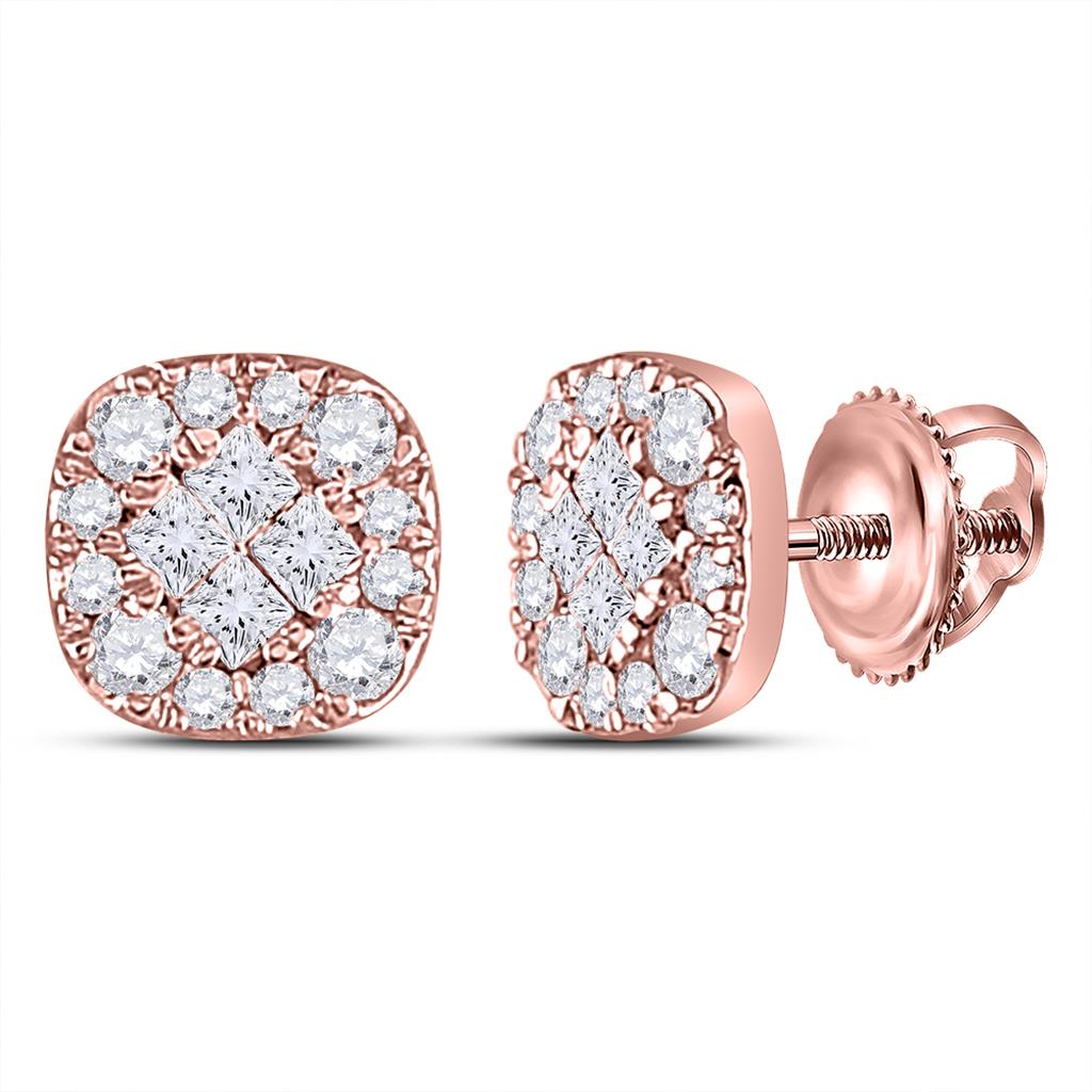 14k Rose Gold Princess Round Diamond Square Cluster Earrings 1/4 Cttw