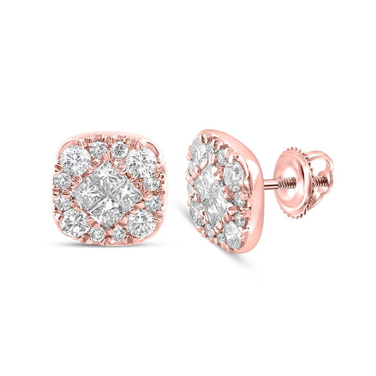 14k Rose Gold Princess Round Diamond Cluster Earrings 1 Cttw